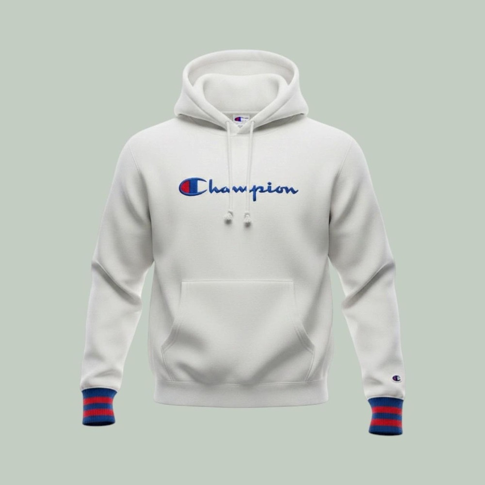Champion Reverse Weave White Hoodie Script Logo Striped Cuffs Mens Medium